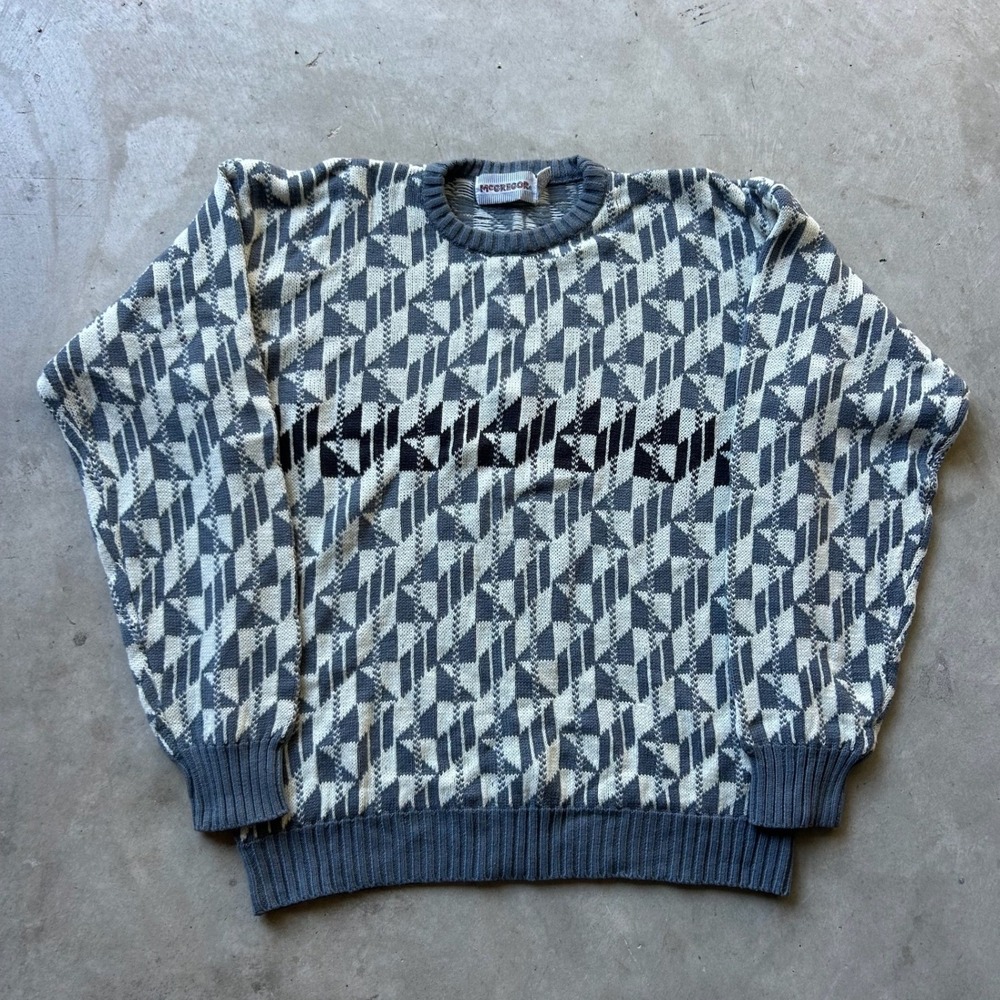 McGregor Vintage Geometric Abstract Knit Crewneck Sweater Grey White Mens XL